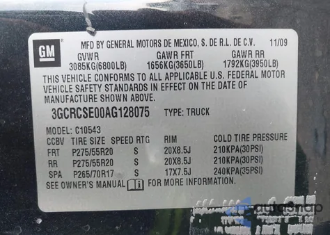 2010 Chevrolet Silverado 1500 Lt from USA, damaged, VIN 3GCRCSE00AG128075